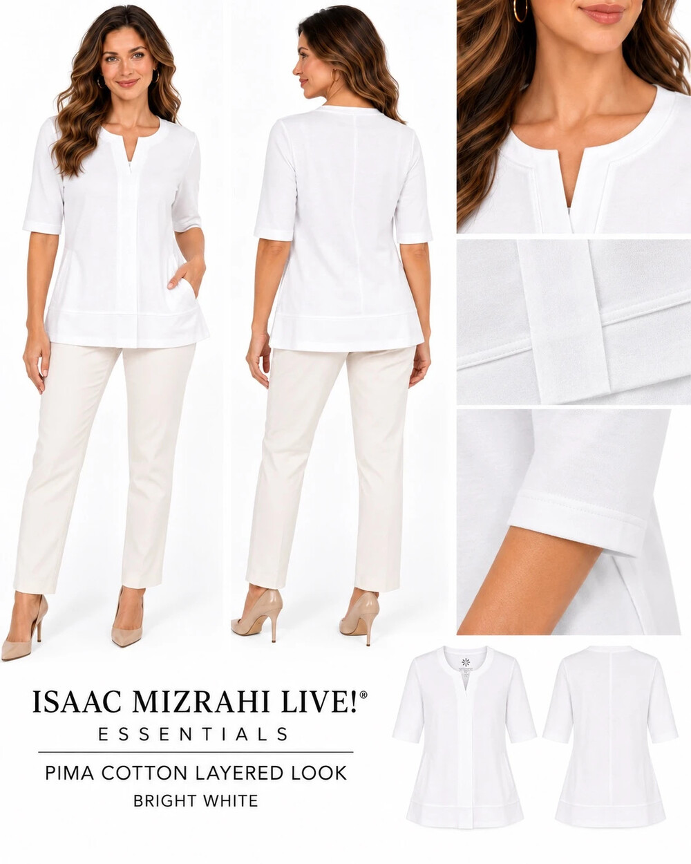 isaac mizrahi live essentials pima cotton layered look top bright white size m